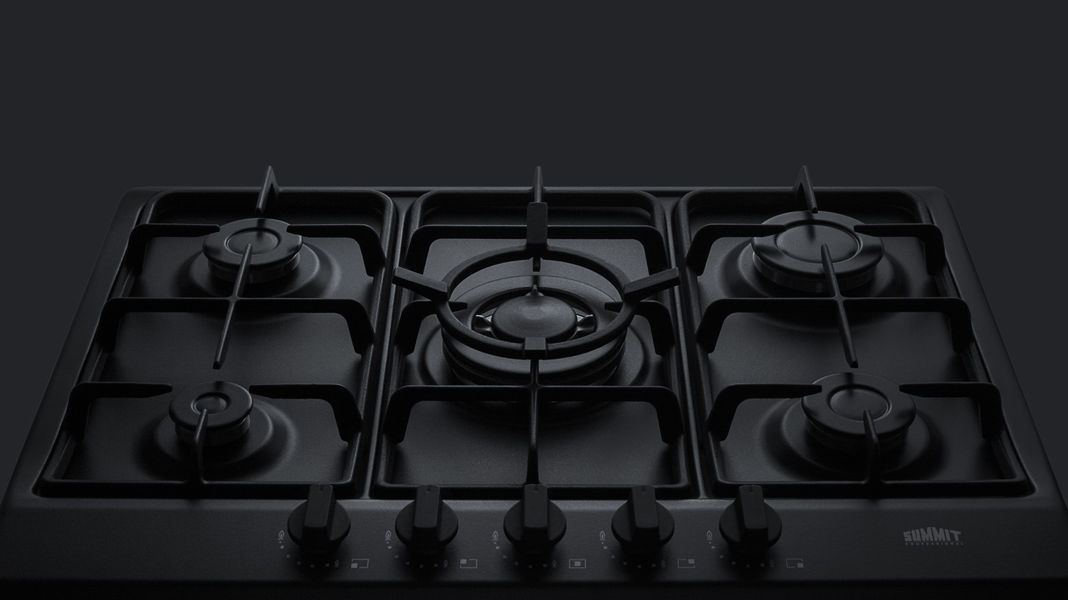 5-burner gas cooktop made in Italy in a black matte finish with sealed burners, cast iron grates, and wok stand; fits standard 24